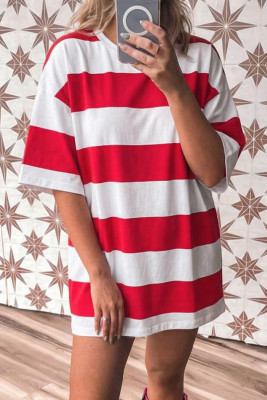 Racing Red Striped Color Block Oversize Tunic Tee LC25230714-P603
