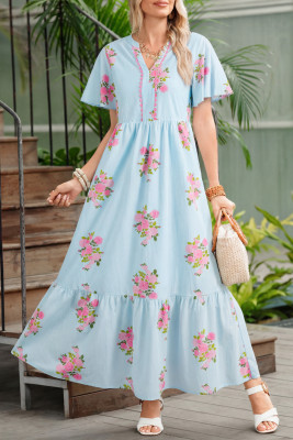 Sky Blue Notched Neck Flutter Short Sleeve Floral Print Maxi Dress LC6127729-P420