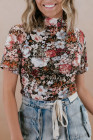 Brown Floral Print High Neck Short Sleeve Mesh Top
