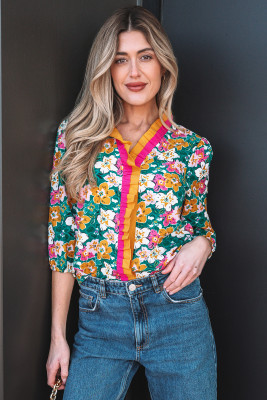 Green Floral Print Contrast Trim Frilled V Neck 3/4 Sleeve Blouse LC25135204-P920