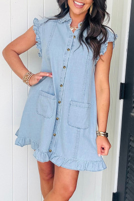 Beau Blue Ruffled Edge Collared Shift Denim Dress with Pockets LC7861162-P804