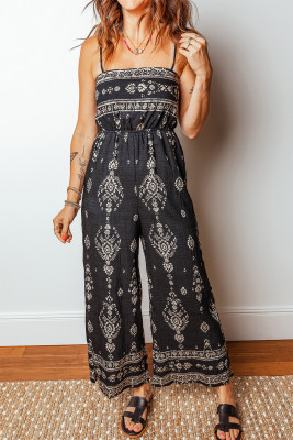 Black Spaghetti Straps Elastic Waist Loose Ethnic Print Jumpsuit LC6414669-P220
