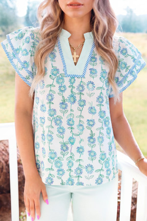 Green Floral Print Striped Detail Contrast V Neck Patchwork Flutter Sleeve Blouse LC25132632-P920