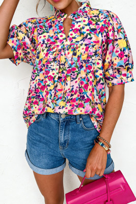 Pink Flower Print Frilled Collar Short Puff Sleeve Summer Blouse LC25136432-P1020
