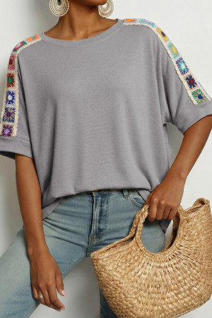 Light Grey Granny Square Crochet Detail Loose T Shirt LC25229901-P1011