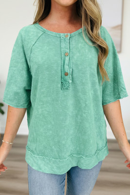 Mint Green Half Buttons Raw Seam Raglan Sleeve Mineral Wash T Shirt LC25230364-P1009