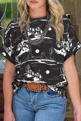 Black Desert Sand Print Short Sleeve Knit Top LC25227653-P2