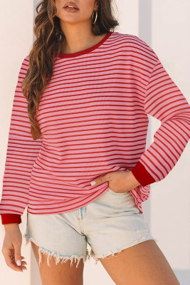 Pink Stripe Textured Round Neck Drop Shoulder Long Sleeve T Shirt LC25229570-P1019