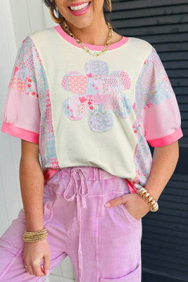 Beige Color Block Floral Patchwork Big Flower Accent Relaxed Top LC25230346-P15