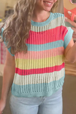 Green Stripe Color Block Hollow Out Knit Short Sleeve Sweater LC2771301-P919