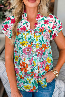 Sky Blue Floral Print Split Neck Button Front Flutter Sleeve Blouse LC25135993-P420