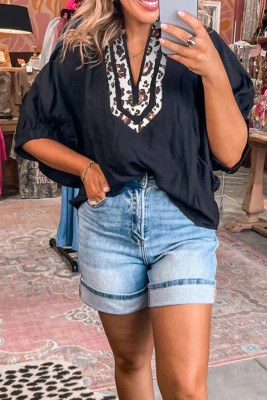 Black Dolman Half Sleeve Leopard Patchwork Trim V Neck Blouse LC25136319-P2