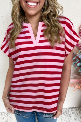 Pink Stripe Split V Neck Casual T Shirt LC25230417-P1019