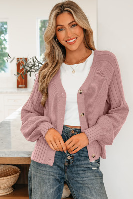 Light Pink Mixed Texture Knit Button V Neck Sweater Cardigan LC2712710-P1010