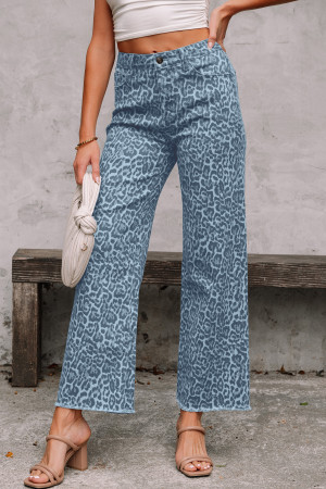 Sky Blue Leopard Frayed Edge Wide Leg High Waist Jeans LC7875449-P420