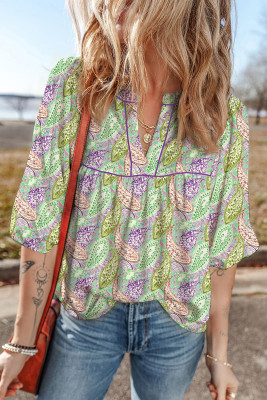Green Boho Paisley Print Half Puff Sleeve Blouse LC25135195-P920