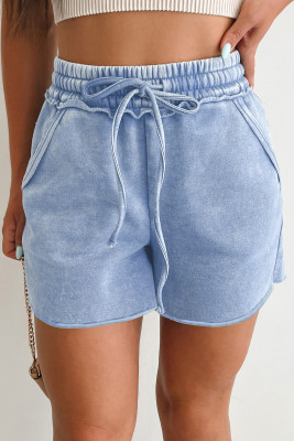 Sky Blue Mineral Washed Drawstring Elastic Waist Raw Cut Shorts LC7311286-P304