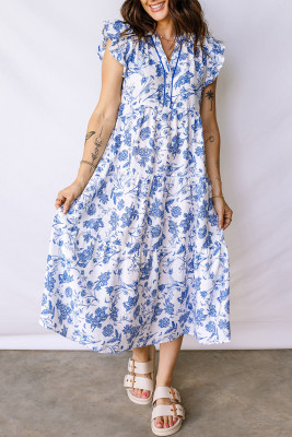 Blue Ruffled Short Sleeve Tiered Floral Midi Dress LC6127390-P520