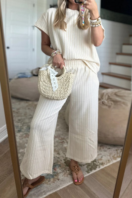 Beige Texture Loose Short Sleeve Top and Cropped Pant Set LC629093-P15