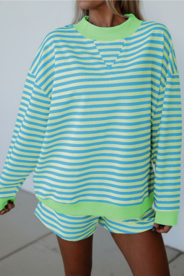 Green Stripe Color Block Detail Long Sleeve Pullover Elastic Waist Pull On Shorts 2pcs Set LC628749-P919