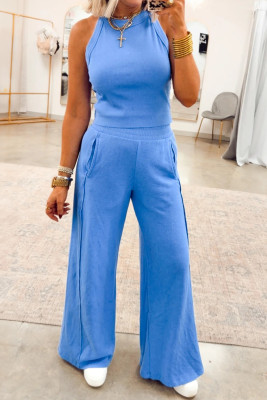 Sky Blue Slim Ribbed Tank Top and Sweatpants Set LC628966-P304