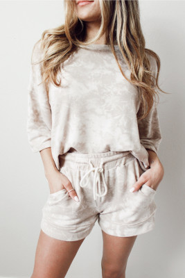 Beige Vintage Tie Dye Bracelet Sleeve Drawstring Elastic Waist 2pcs Short Set LC628821-P1522