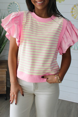 Pink Stripe Ruffled Short Sleeve Patchwork Blouse LC25136316-P1019