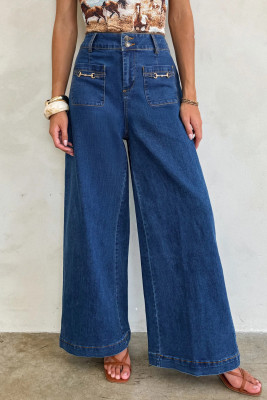 Sail Blue Hardware Decor Patched Pockets Wide Leg Denim Pants LC7876435-P905