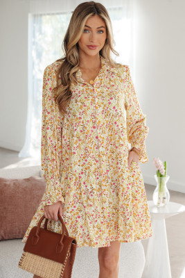 Yellow Floral Print Frilly Trim Smocked Cuff Long Sleeve Loose Shirt Dress LC6126480-P720