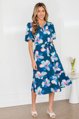 Blue Floral Print Short Puff Sleeve Ruffle Hem Belted Long Dress LC6127266-P520