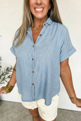 Sky Blue Stripe Cuffed Short Sleeve Button up Loose Shirt LC7821588-P419