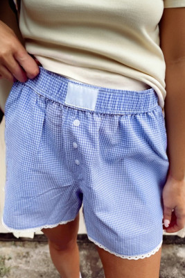 Sky Blue Gingham Plaid Button Detail Lace Trim Boxer Shorts LC7311287-P420