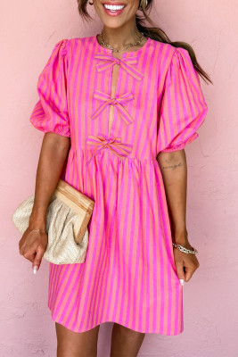 Rose Striped Print Bow Detail Short Puff Sleeve Mini Dress LC6127401-P620