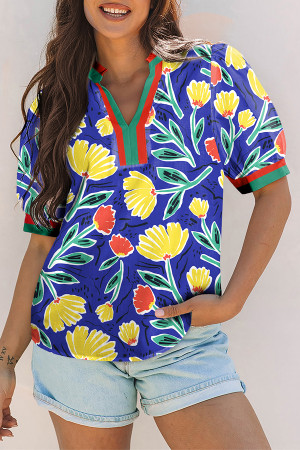 Blue Wild Floral Printed Contrast Striped Patchwork V Neck Short Sleeve Blouse LC25134474-P520
