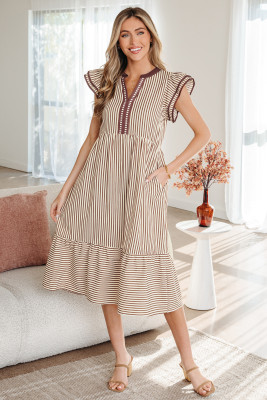 Brown Stripe Double Ruffled Short Sleeve Contrast Trim V Neck Midi Dress DLM6126727-P1719