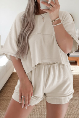 Jet Stream Solid Color Contrast Textured Patchwork Raw Edge 2pcs Short Set LC628744-P2015