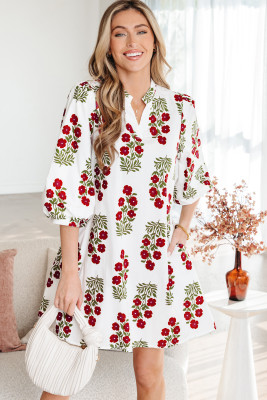 White Floral Print V Neck 3/4 Sleeve Loose Mini Dress LC6127175-P120