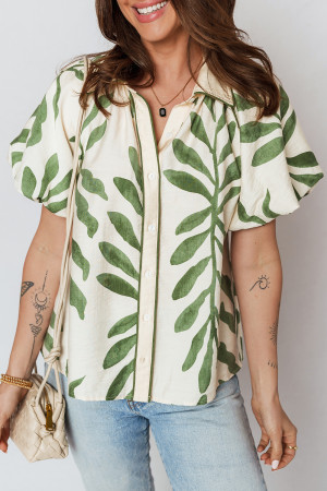 Green Leaf Print Short Balloon Sleeve Shirt LC2557256-P920