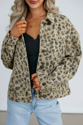 Khaki Retro Leopard Print Seam Detail Button Down Denim Jacket LC788873-P1620