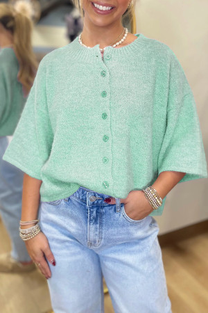 Moonlight Jade 3/4 Sleeve Boxy Knit Button Down Sweater Cardigan LC2712851-P2209