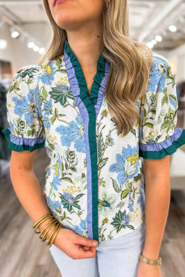 Beige Floral Print Contrasted Frilled Striped Trim Short Sleeve Blouse LC25134653-P1520