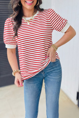 Red Stripe Contrast Trim Round Neck Short Puff Sleeve T Shirt LC25136204-P319