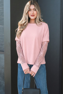 Light Pink Solid Color Bow Textured Patchwork Long Sleeve Tee LC25229821-P1010