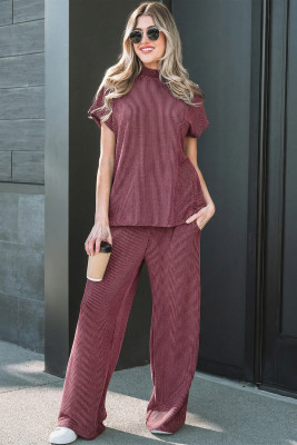 Burgundy Twisted Ribbed High Neck Loose Tee Elastic High Waist Loose Pant Set LC628364-P503