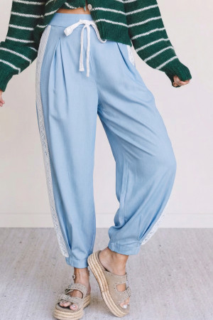 Beau Blue Lace Accent Floral Patched Pocket Pleated Wide Leg Slouchy Pants LC7714284-P804