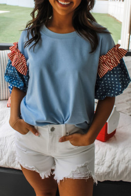 Beau Blue Stars Stripes Short Puff Sleeve Top LC25135385-P804