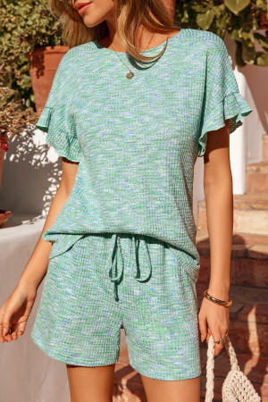 Moonlight Jade Heather Textured Ruffle Sleeve Top and Drawstring Shorts Set LC628475-P2209