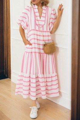 Pink Stripe Ricrac Trim Notched Neck Half Sleeve Vacation Dress LC6127426-P1019