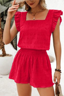 Fiery Red Textured Square Neck Top and Shirred High Waist Shorts Set LC627669-P3