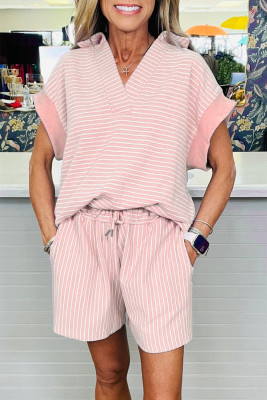 Pink Stripe Dolman Sleeve Polo Shirt and Drawstring Shorts Set LC627624-P1019